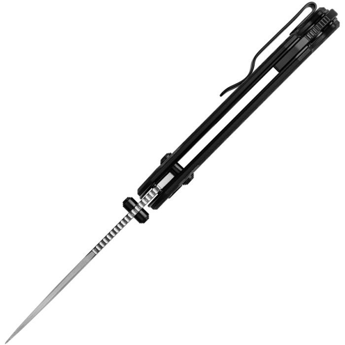KIV3549A3 4.25" (10.8cm) closed. 3" (7.62cm) satin finish Nitro V steel blade. Thumb stud. Lanyard hole. Pocket clip. Silver carbon fiber and black G10 handle.