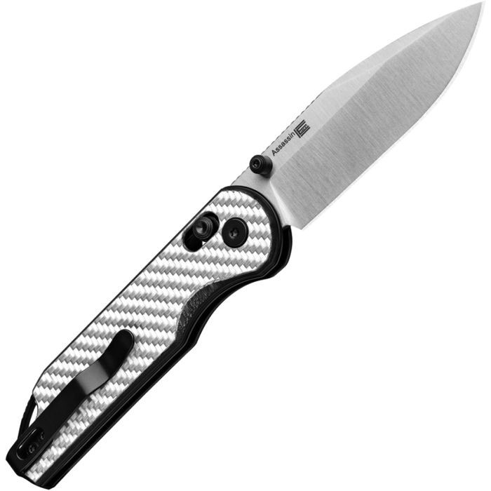 KIV3549A3 4.25" (10.8cm) closed. 3" (7.62cm) satin finish Nitro V steel blade. Thumb stud. Lanyard hole. Pocket clip. Silver carbon fiber and black G10 handle.