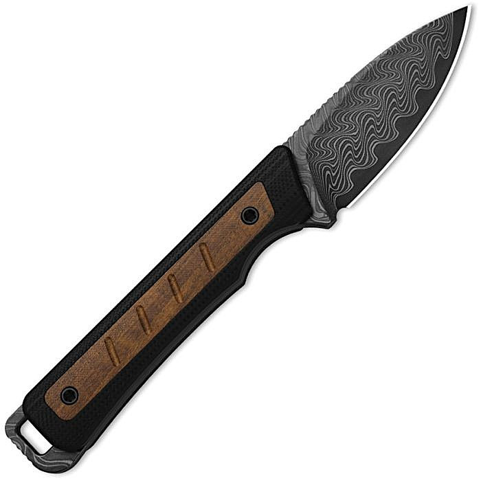 KI1108A2 5.63" (14.3cm) overall. 2.13" (5.41cm) acid washed finish Damascus steel drop point blade. Black G10 handle with Mkuruti wood inlay. Full, extended tang. Lanyard hole.