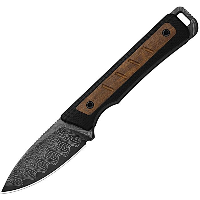KI1108A2 5.63" (14.3cm) overall. 2.13" (5.41cm) acid washed finish Damascus steel drop point blade. Black G10 handle with Mkuruti wood inlay. Full, extended tang. Lanyard hole.