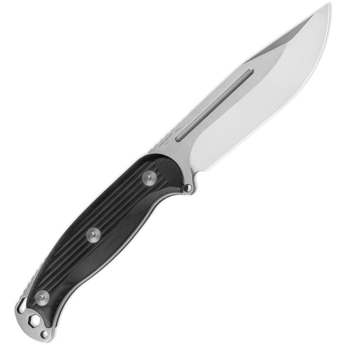 KI1082A1 9.13" (23.19cm) overall. 4.38" (11.13cm) satin finish AEB-L stainless clip point blade. Black textured G10 handle. Full, extended tang. Lanyard hole. Black Kydex belt sheath.