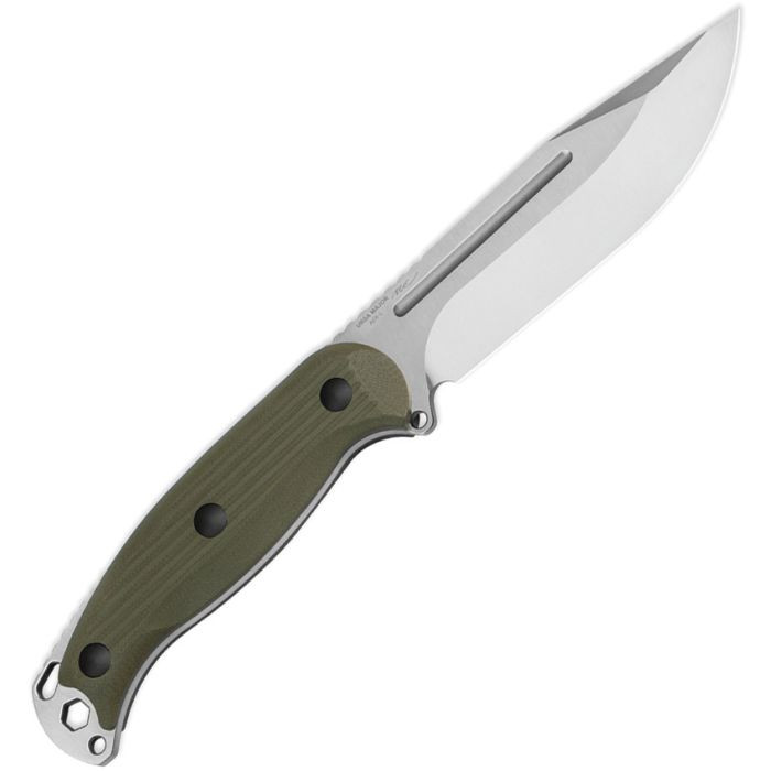 KI1082A2 9.13" (23.19cm) overall. 4.38" (11.13cm) satin finish AEB-L stainless clip point blade. OD green textured G10 handle. Full, extended tang. Lanyard hole. Black Kydex belt sheath.