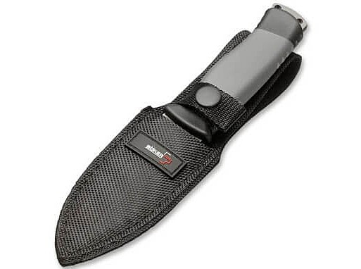 BOP02BO004 8" overall. 3.75" titanium coated 12C27 Sandvik stainless blade. Black TPR handle. Full, extended tang. Lanyard hole. Black Cordura belt sheath.