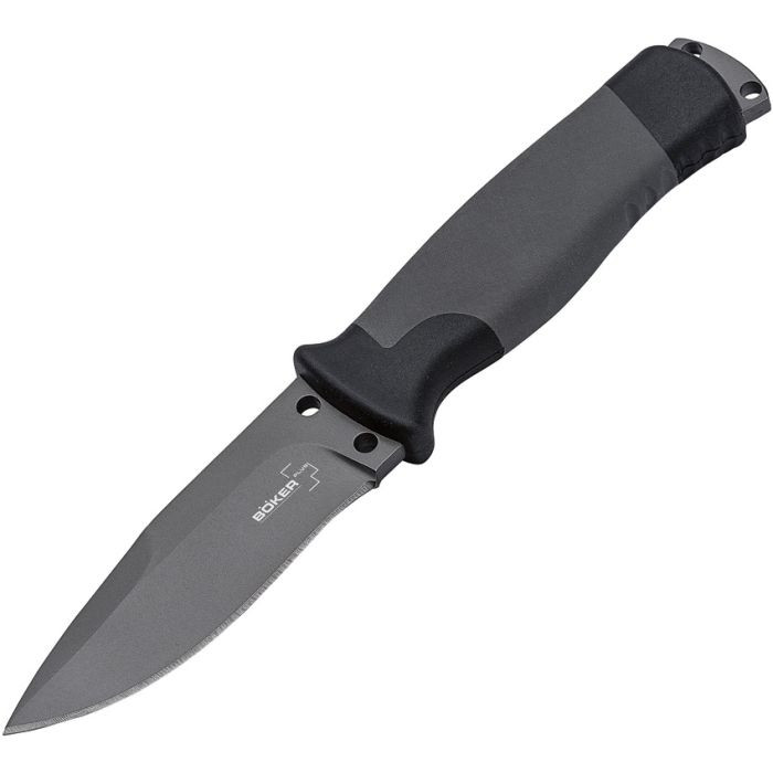 BOP02BO004 8" overall. 3.75" titanium coated 12C27 Sandvik stainless blade. Black TPR handle. Full, extended tang. Lanyard hole. Black Cordura belt sheath.