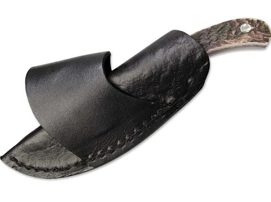 BOP02BO515 6.38" (16.21cm) overall. 6.38" (16.21cm) closed. 2.88" (7.32cm) 440C stainless upswept blade. Stag bone handle. Full tang. Sewn-in magnet in sheath to enable quick draw carry. Leather belt sheath.