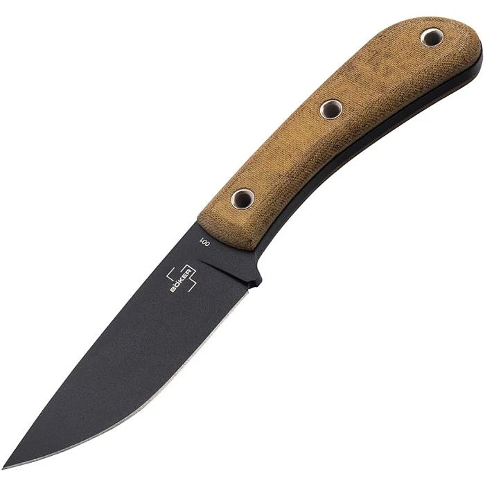 BOP02BO026 8.63" (21.92cm) overall. 4.13" (10.49cm) black powder coated blade. Green micarta handle. Full tang. Lanyard hole. SK-85 steel blade. Black Kydex belt sheath.