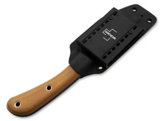 BOP02BO026 8.63" (21.92cm) overall. 4.13" (10.49cm) black powder coated blade. Green micarta handle. Full tang. Lanyard hole. SK-85 steel blade. Black Kydex belt sheath.
