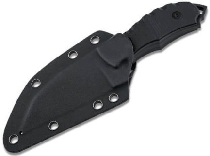 BOP02BO091 6" (15.24cm) overall. 3.38" (8.59cm) black stonewash and satin finish D2 tool steel Wharncliffe blade. Black G10 handle. Full, extended tang. Lanyard hole. Black Kydex belt sheath.