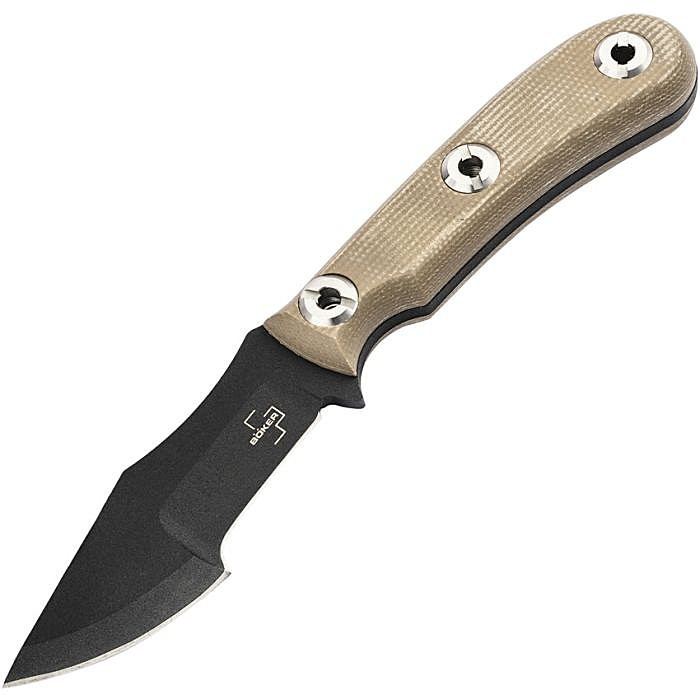 BOP02BO117 7.5" (19.05cm) overall. 3.5" (8.89cm) black powder coated 1095HC steel blade. Natural canvas micarta handle. Full tang. Tan Kydex belt sheath.
