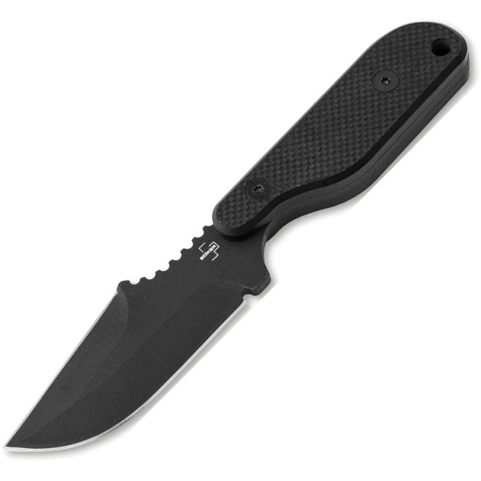 BOP02BP0001 7.13" (18.11cm) overall. 3.38" (8.59cm) black finish 1095HC steel blade. Black G10 handle. Full tang. Lanyard hole. Black Kydex belt sheath.