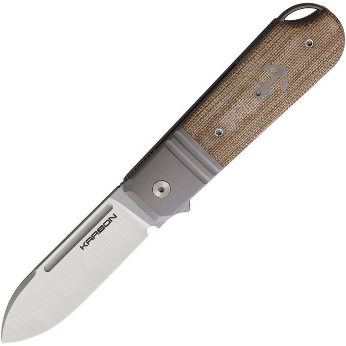 KARB100 4.13" (10.49cm) closed. 3.13" (7.95cm) satin finish Bohler M390 stainless spear point blade. With natural micarta inlay. Extended tang. Lanyard hole. Pocket clip. Inlay shield. Gray titanium frame with integral shield. Made by Reate. Gift tin.