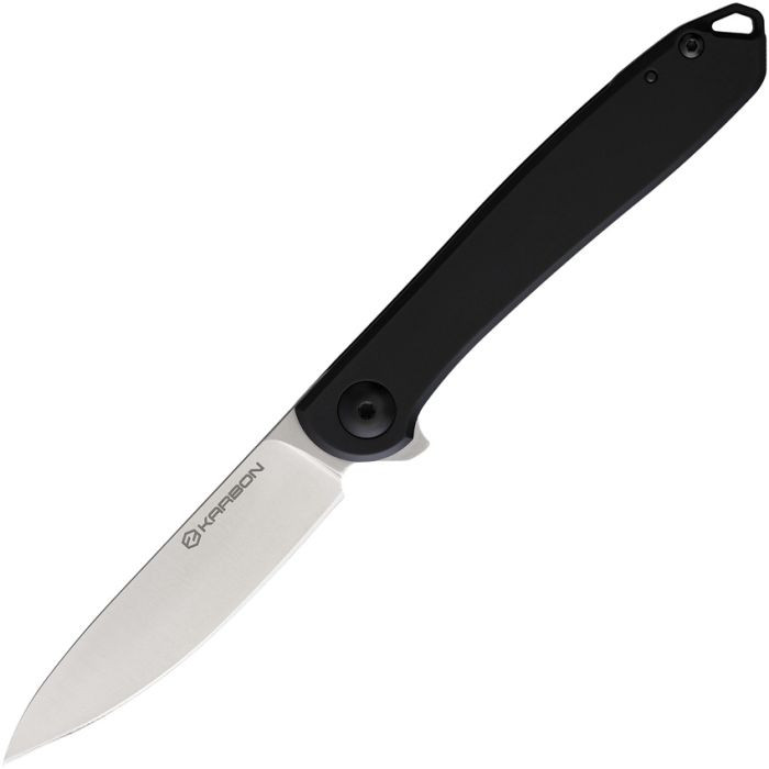KARB106 4" (10.16cm) closed. 3" (7.62cm) satin finish Bohler N690 stainless blade. Black PVD coated stainless handle. Extended tang. Lanyard hole. Pocket clip. Made by Cuttway in Taiwan. Designed by Ken Onion. Gift tin.