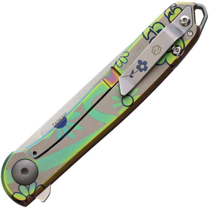 KARB108 4" (10.16cm) closed. 3" (7.62cm) PVD coated Bohler N690 stainless blade. Stainless handle. Extended tang. Lanyard hole. Pocket clip. Floral handle artwork. Made by Cuttway in Taiwan. Designed by Ken Onion. Gift tin.