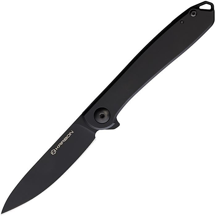 KARB107 4" (10.16cm) closed. 3" (7.62cm) black PVD coated Bohler N690 stainless blade. Black PVD coated stainless handle. Extended tang. Lanyard hole. Pocket clip. Made by Cuttway in Taiwan. Designed by Ken Onion. Gift tin.