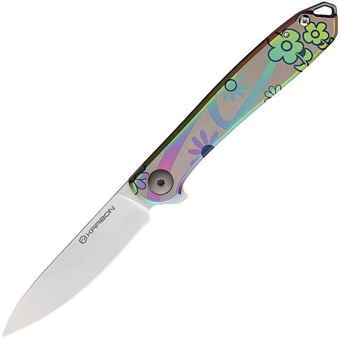KARB108 4" (10.16cm) closed. 3" (7.62cm) PVD coated Bohler N690 stainless blade. Stainless handle. Extended tang. Lanyard hole. Pocket clip. Floral handle artwork. Made by Cuttway in Taiwan. Designed by Ken Onion. Gift tin.
