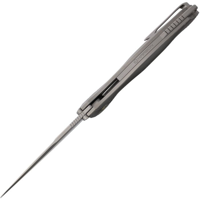 KARB119 4.75" (12.07cm) closed. 3.75" (9.53cm) bead blast finish Sandvik 14C28N stainless blade. Gray textured aluminum handle. Extended tang. Lanyard hole. Pocket clip. Thumb stud. Zippered storage case.