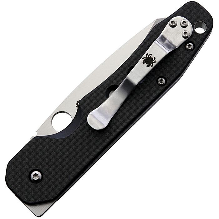 SC240CFP 4.5" (11.43cm) closed. 3.5" (8.89cm) satin finish CPM S30V stainless blade. Carbon fiber over G10 handle. Lanyard hole. Pocket clip. Thumb pull.