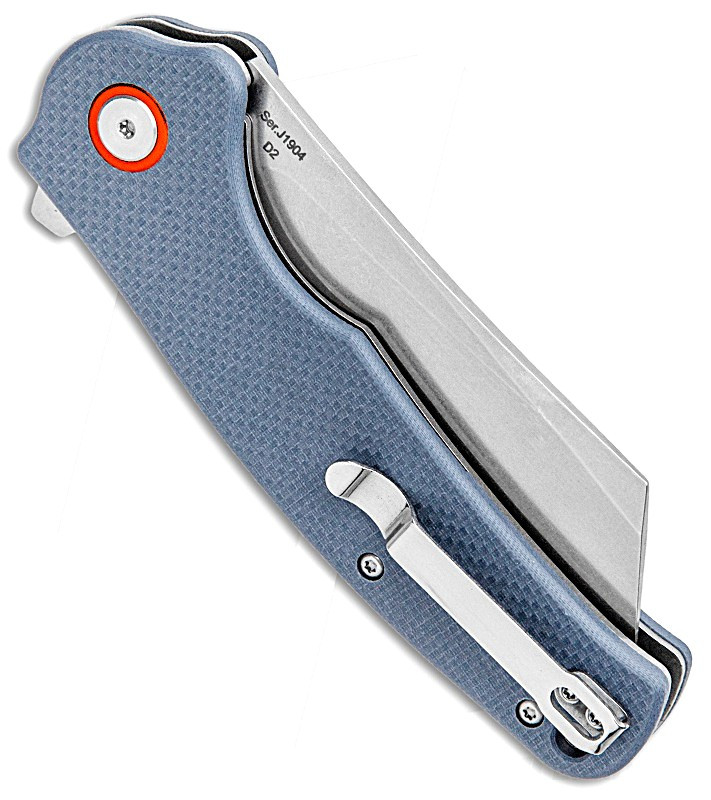 J1904GYF 4.75" (12.07cm) closed. 3.75" (9.53cm) stonewash finish premium steel blade. Gray textured G10 handle. Extended tang. Lanyard hole. Pocket clip.