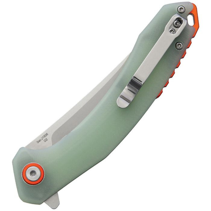 J1906NTG 4.75" (12.07cm) closed. 3.5" (8.89cm) stonewash finish D2 tool steel blade. Jade G10 handle. Extended tang. Lanyard hole. Pocket clip.