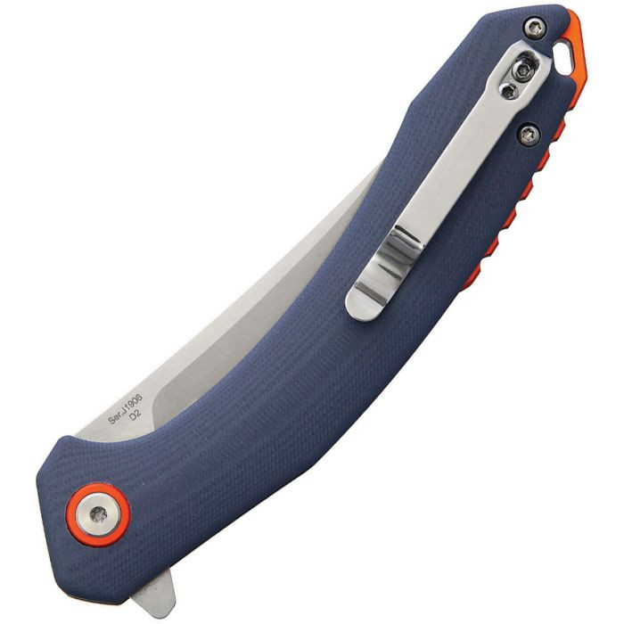 J1906GYC 4.75" (12.07cm) closed. 3.5" (8.89cm) stonewash finish D2 tool steel blade. Blue-Gray G10 handle. Extended tang. Lanyard hole. Pocket clip.