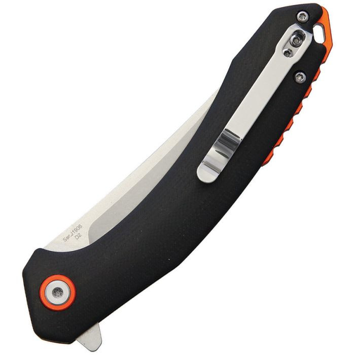 J1906BKC 4.75" (12.07cm) closed. 3.5" (8.89cm) stonewash finish D2 tool steel blade. Black G10 handle. Extended tang. Lanyard hole. Pocket clip.