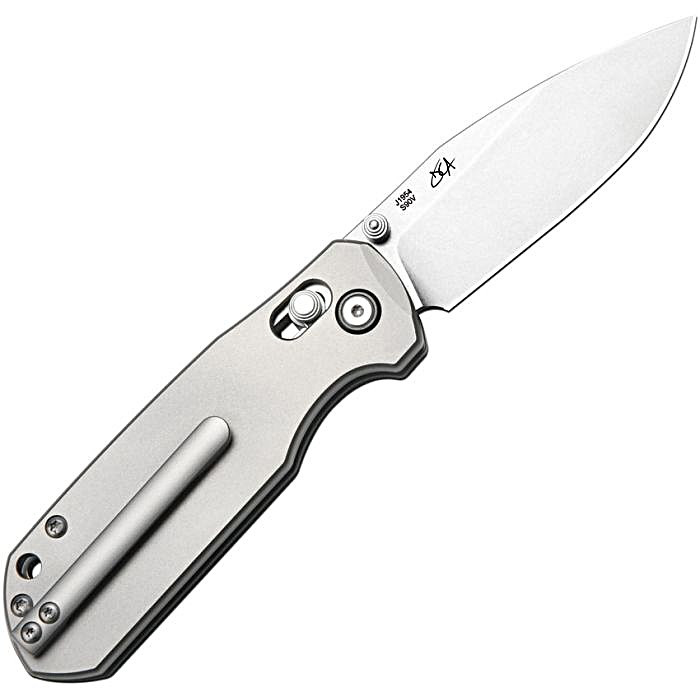 J1954GGY 4" (10.16cm) closed. 3" (7.62cm) stonewash finish S90V steel drop point blade. Gray titanium handle. Thumb stud. Lanyard hole. Pocket clip. Black nylon zippered storage case.