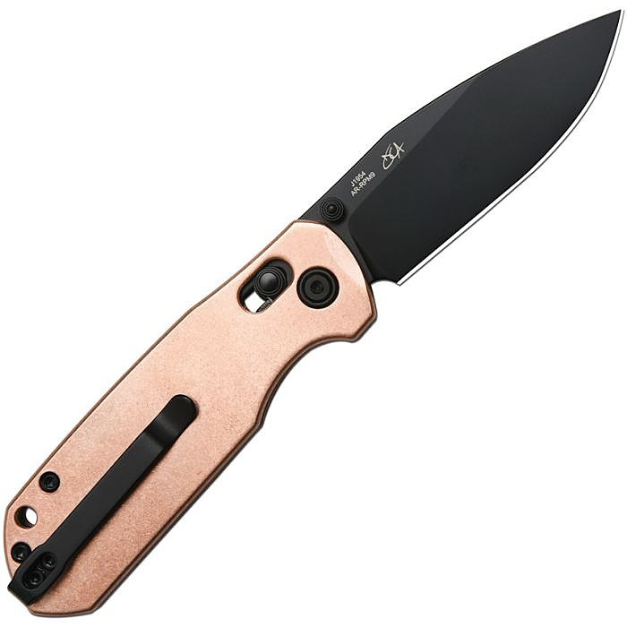 J1954CO 4" (10.16cm) closed. 3" (7.62cm) black PVD coated AR-RPM9 stainless drop point blade. Stonewash finish copper handle. Thumb stud. Lanyard hole. Pocket clip. Black nylon zippered storage case.