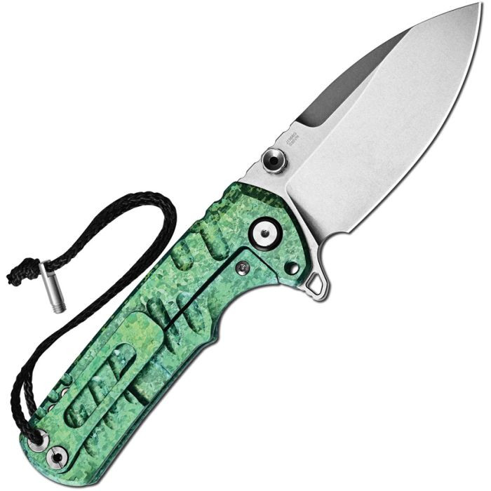 J1966GCGN 5" (12.7cm) closed. 3.75" (9.53cm) stonewash finish S35VN stainless drop point blade. Green crystalized titanium handle. Extended tang. Thumb stud. Lanyard hole. Pocket clip. Black nylon zippered storage case.