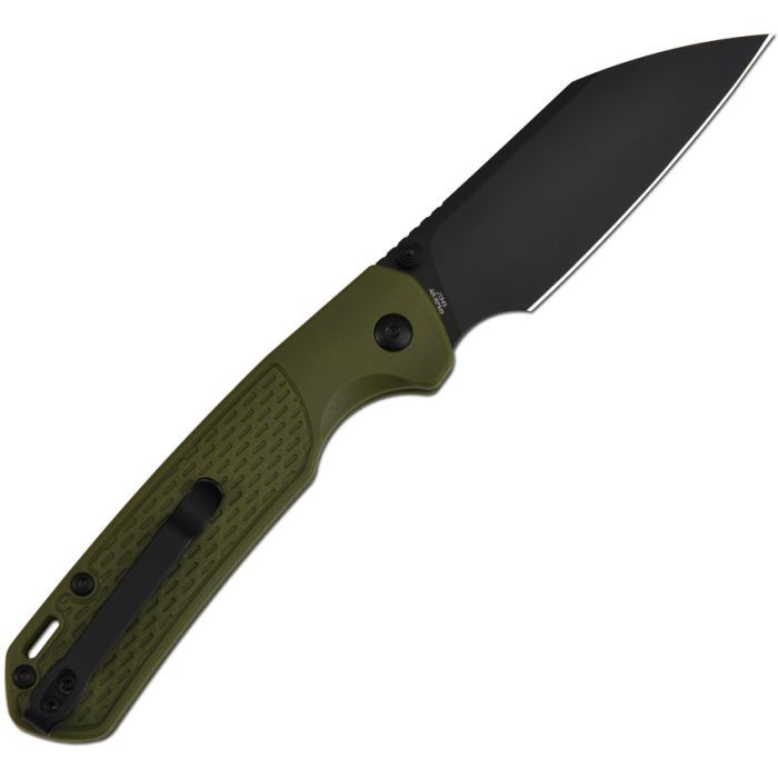 J1945BGN 4.25" (10.8cm) closed. 3.38" (8.59cm) black PVD coated AR-RPM9 stainless Wharncliffe blade. Green textured FRN handle. Thumb stud. Lanyard hole. Pocket clip.