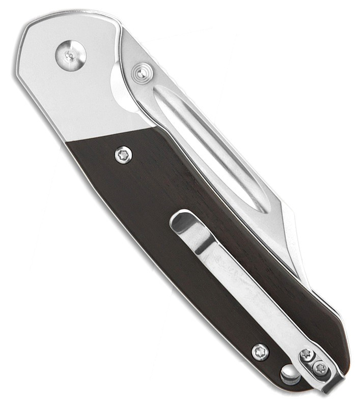 J1942EBN 4.25" (10.8cm) closed. 3.13" (7.95cm) satin finish AR-RPM9 stainless clip point blade. Ebony wood handle. Thumb stud. Lanyard hole. Pocket clip.