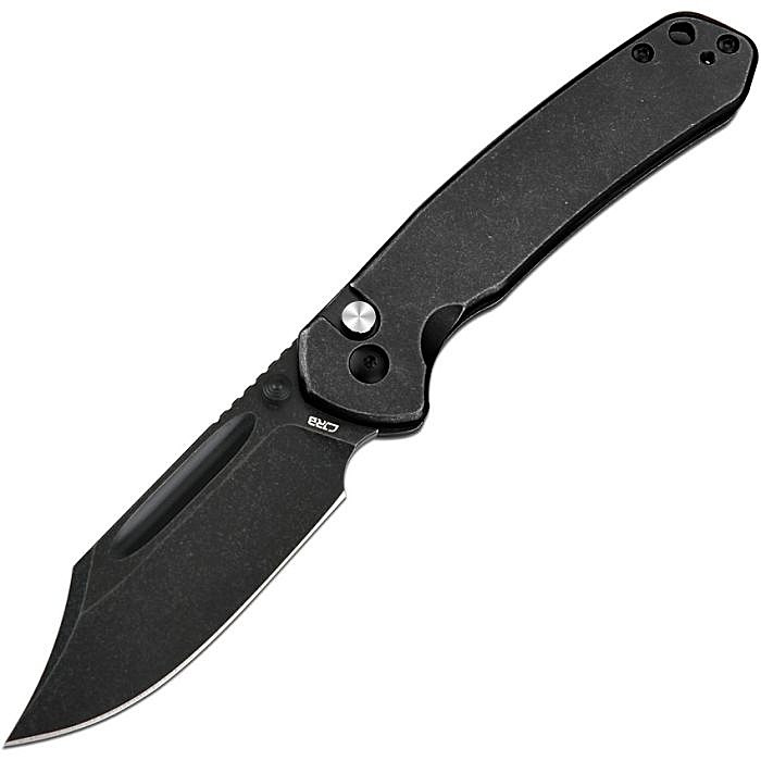 J1942BST 4.25" (10.8cm) closed. 3.13" (7.95cm) black stonewash finish AR-RPM9 stainless clip point blade. Black steel handle. Thumb stud. Lanyard hole. Pocket clip.