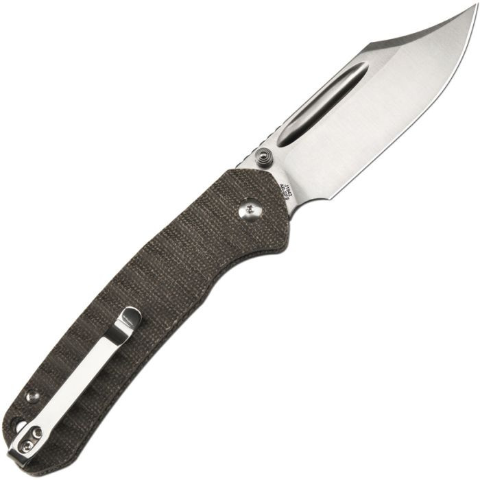 J1942ODG 4.25" (10.8cm) closed. 3.13" (7.95cm) sand blast finish AR-SFII steel clip point blade. OD green canvas micarta handle. Thumb stud. Lanyard hole. Pocket clip.