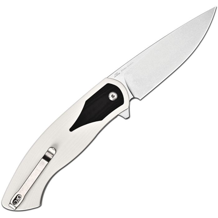J1972WBK 4.5" (11.43cm) closed. 3.38" (8.59cm) stonewash finish AR-RPM9 stainless drop point blade. Black and white G10 handle. Extended tang. Pocket clip. Black nylon zippered storage case.