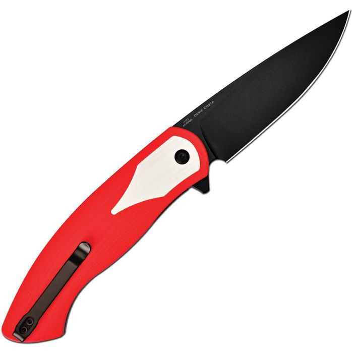 J1972RWH 4.5" (11.43cm) closed. 3.38" (8.59cm) black PVD coated AR-RPM9 stainless drop point blade. Red and white G10 handle. Extended tang. Pocket clip. Black nylon zippered storage case.