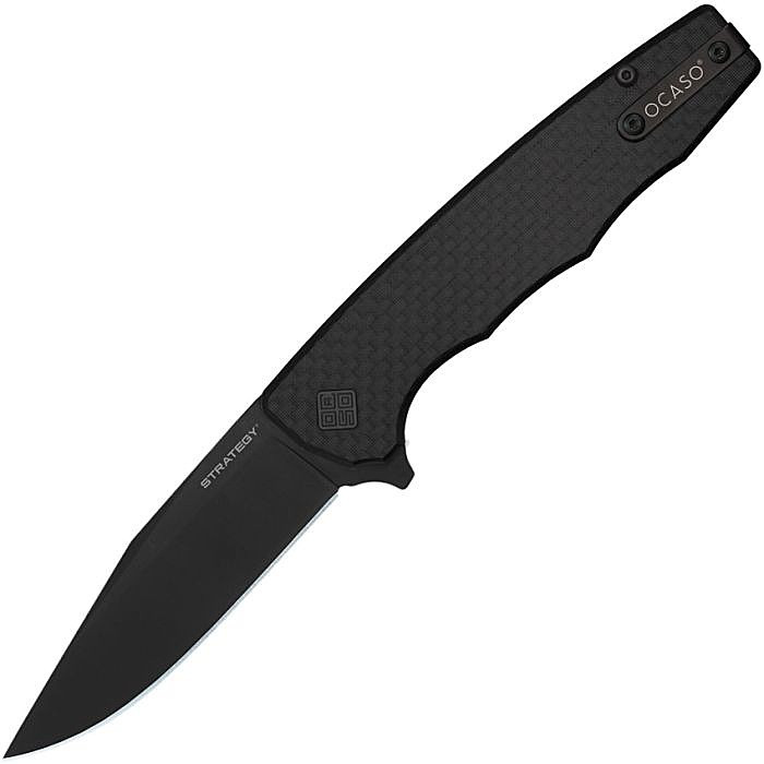 OCA29BCB 4.5" (11.43cm) closed. 3.5" (8.89cm) black oxide coated D2 tool steel blade. Extended tang. Pocket clip. Black G10 and carbon fiber handle.