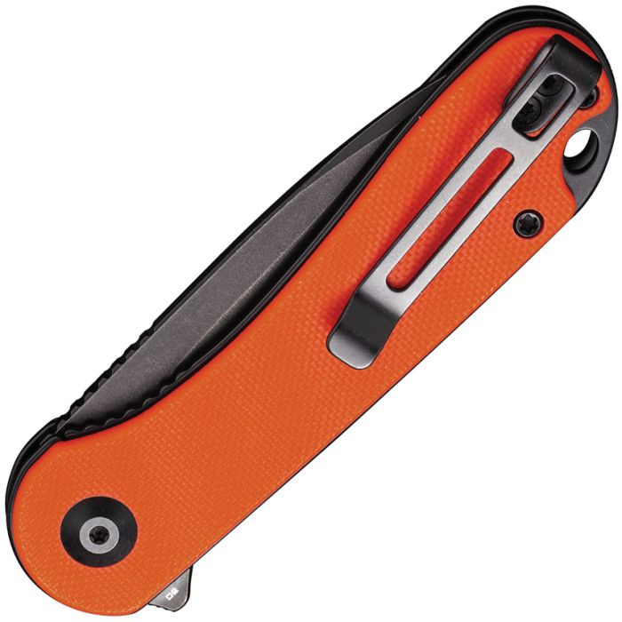 CIVC907Y 4" (10.16cm) closed. 3" (7.62cm) black stonewash finish D2 tool steel blade. Orange G10 handle. Extended tang. Lanyard hole. Pocket clip. Black nylon zippered storage case.