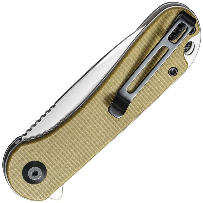 CIVC907S 4" (10.16cm) closed. 3" (7.62cm) satin finish D2 tool steel blade. Olive canvas micarta handle. Extended tang. Lanyard hole. Pocket clip. Black nylon zippered storage case.