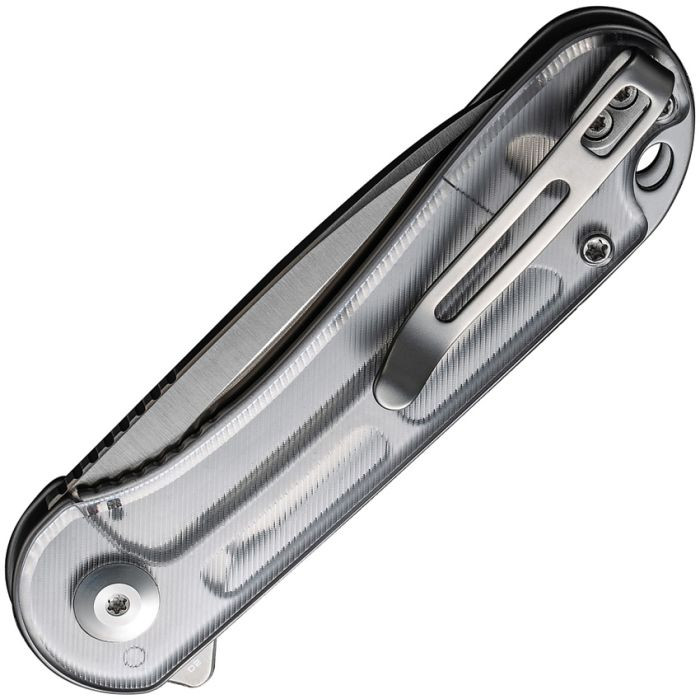 CIVC907A7 4" (10.16cm) closed. 3" (7.62cm) satin finish D2 tool steel drop point blade. Clear handle. Extended tang. Lanyard hole. Pocket clip. Lexan handle. Black nylon zippered storage case.