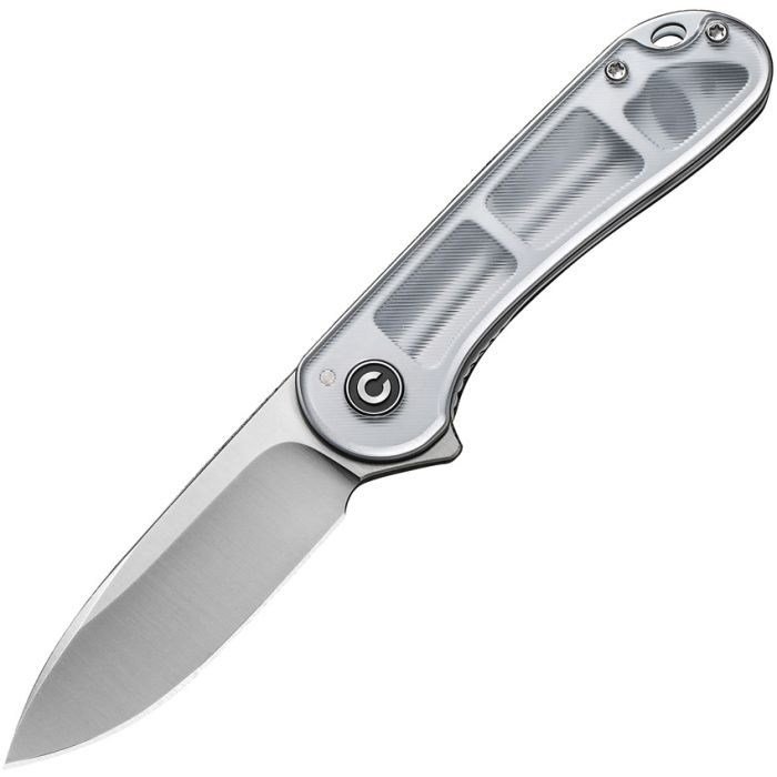 CIVC907A7 4" (10.16cm) closed. 3" (7.62cm) satin finish D2 tool steel drop point blade. Clear handle. Extended tang. Lanyard hole. Pocket clip. Lexan handle. Black nylon zippered storage case.