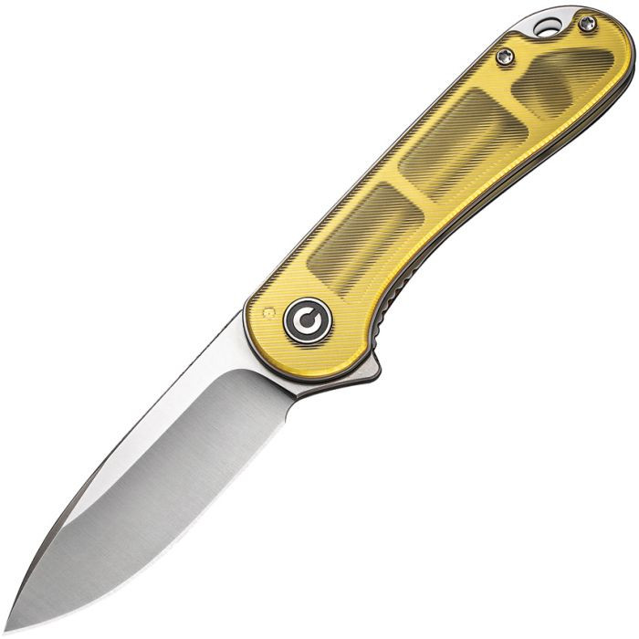 CIVC907A4 4" (10.16cm) closed. 3" (7.62cm) satin finish D2 tool steel drop point blade. Ultem handle. Extended tang. Lanyard hole. Pocket clip. Black nylon zippered storage case.