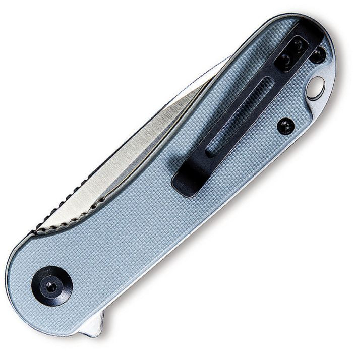 CIVC907B 4" (10.16cm) closed. 3" (7.62cm) satin finish D2 tool steel blade. Gray G10 handle. Extended tang. Lanyard hole. Pocket clip. Black nylon zippered storage case.