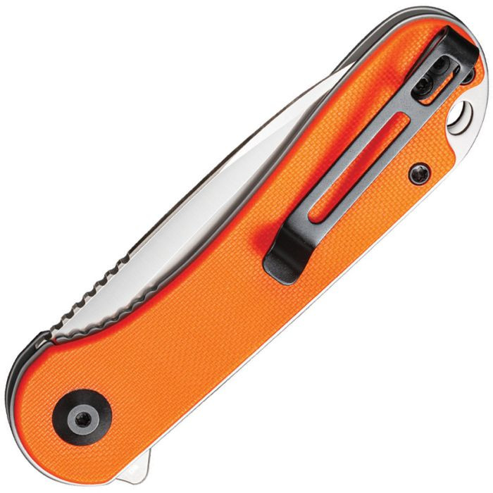 CIVC907R 4" (10.16cm) closed. 3" (7.62cm) satin finish D2 tool steel blade. Orange G10 handle. Extended tang. Lanyard hole. Pocket clip. Black nylon zippered storage case.