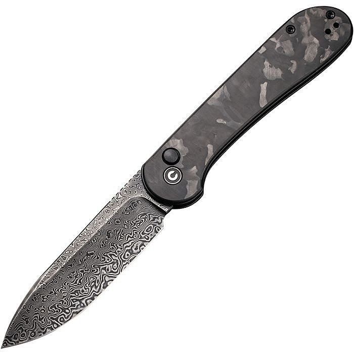 CIVC2103DS3 4.5" (11.43cm) closed. 3.5" (8.89cm) Damascus steel blade. Marbled carbon fiber handle. Pocket clip. Black nylon zippered storage case.