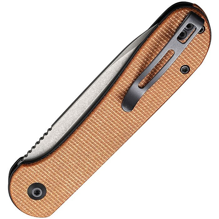CIVC2103D 4.5" (11.43cm) closed. 3.5" (8.89cm) stonewash finish 14C28N Sandvik stainless blade. Brown canvas micarta handle. Pocket clip.