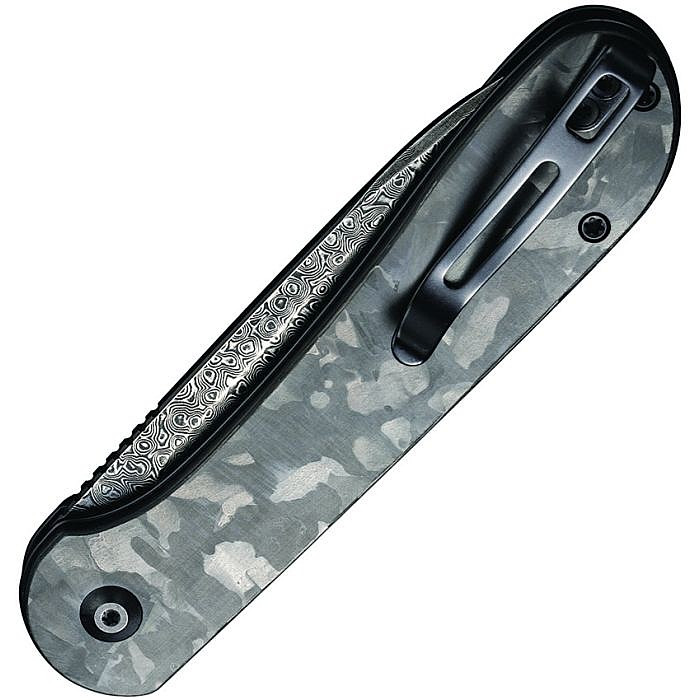CIVC2103DS3 4.5" (11.43cm) closed. 3.5" (8.89cm) Damascus steel blade. Marbled carbon fiber handle. Pocket clip. Black nylon zippered storage case.