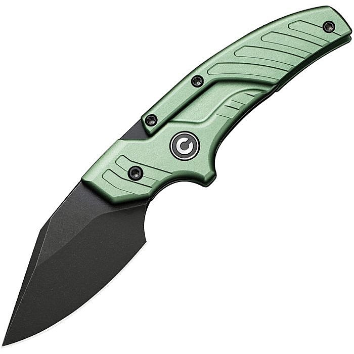CIVC210364 6.25" (15.88cm) overall. 2.25" (5.72cm) black stonewash finish false edge 14C28N Sandvik stainless dagger blade. Green aluminum handle. Adjustable folding push dagger. Black leather belt sheath.
