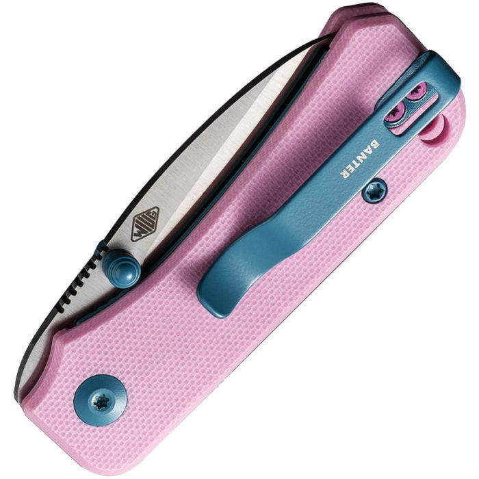 CIVC19068S10 3.13" (7.95cm) closed. 2.25" (5.72cm) satin finish Nitro V steel drop point blade. Pink G10 handle. Thumb stud. Lanyard hole. Pocket clip. Teal accents. Black nylon zippered storage case.