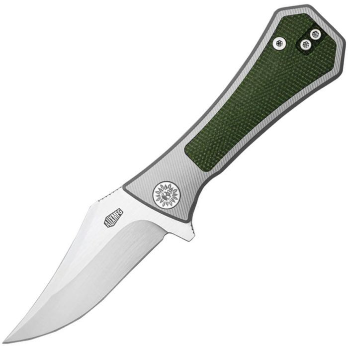 AUX002MGN 3.75" (9.53cm) closed. 2.75" (6.99cm) satin finish Bohler M390 stainless bowie blade. Gray titanium handle with Green canvas micarta inlay. Extended tang. Pocket clip.