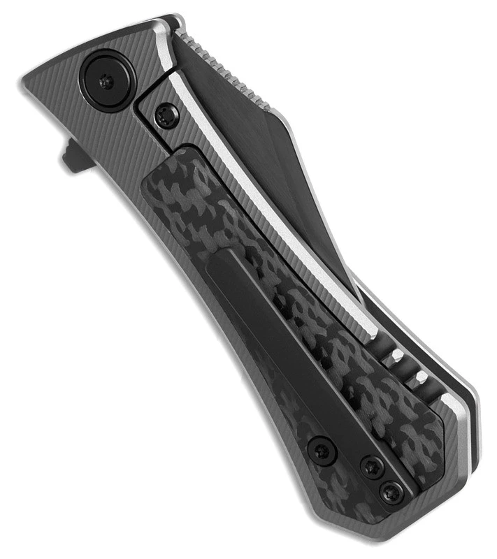 AUX002BK 3.75" (9.53cm) closed. 2.75" (6.99cm) black DLC coated Bohler M390 stainless bowie blade. Black DLC coated titanium handle with carbon fiber inlay. Extended tang. Pocket clip. Boxed.