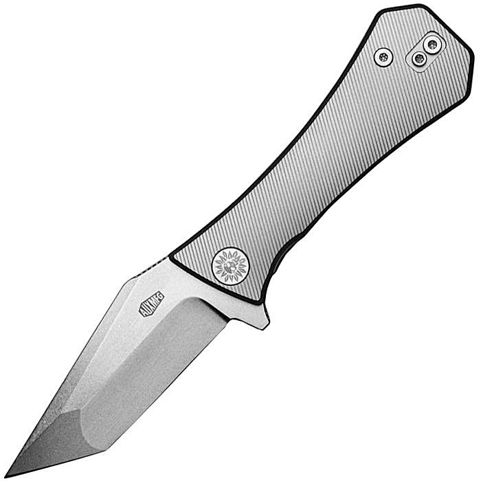 AUX002TITN 3.75" (9.53cm) closed. 2.75" (6.99cm) stonewash finish Bohler M390 stainless tanto blade. Milled titanium handle. Extended tang. Pocket clip.